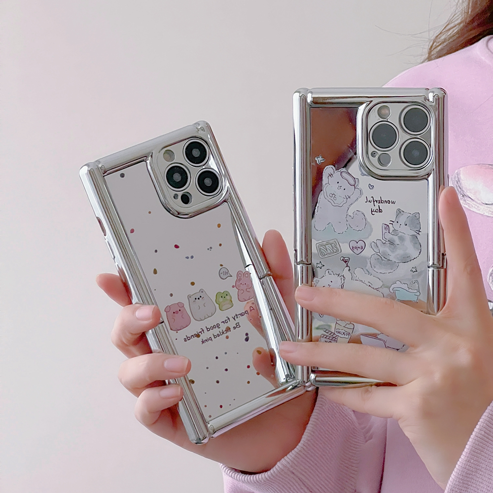 เคสโทรศัพท์มือถือ ลายสัตว์น่ารัก พร้อมกระจก สีเงิน และขาตั้ง สําหรับ iphone 15 pro max 14 pro max 13 pro max 12 pro max 11