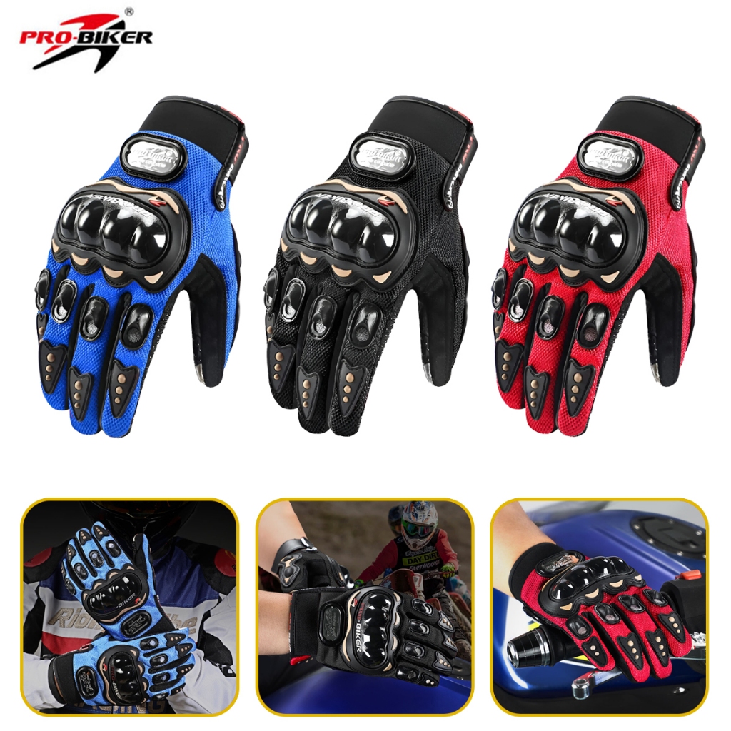ถุงมือขี่มอเตอร์ไซค์ PRO-BIKER [เทคโนโลยีสัมผัสหน้าจอ] ระบายอากาศดี+ป้องกันกระแทกครบมือ