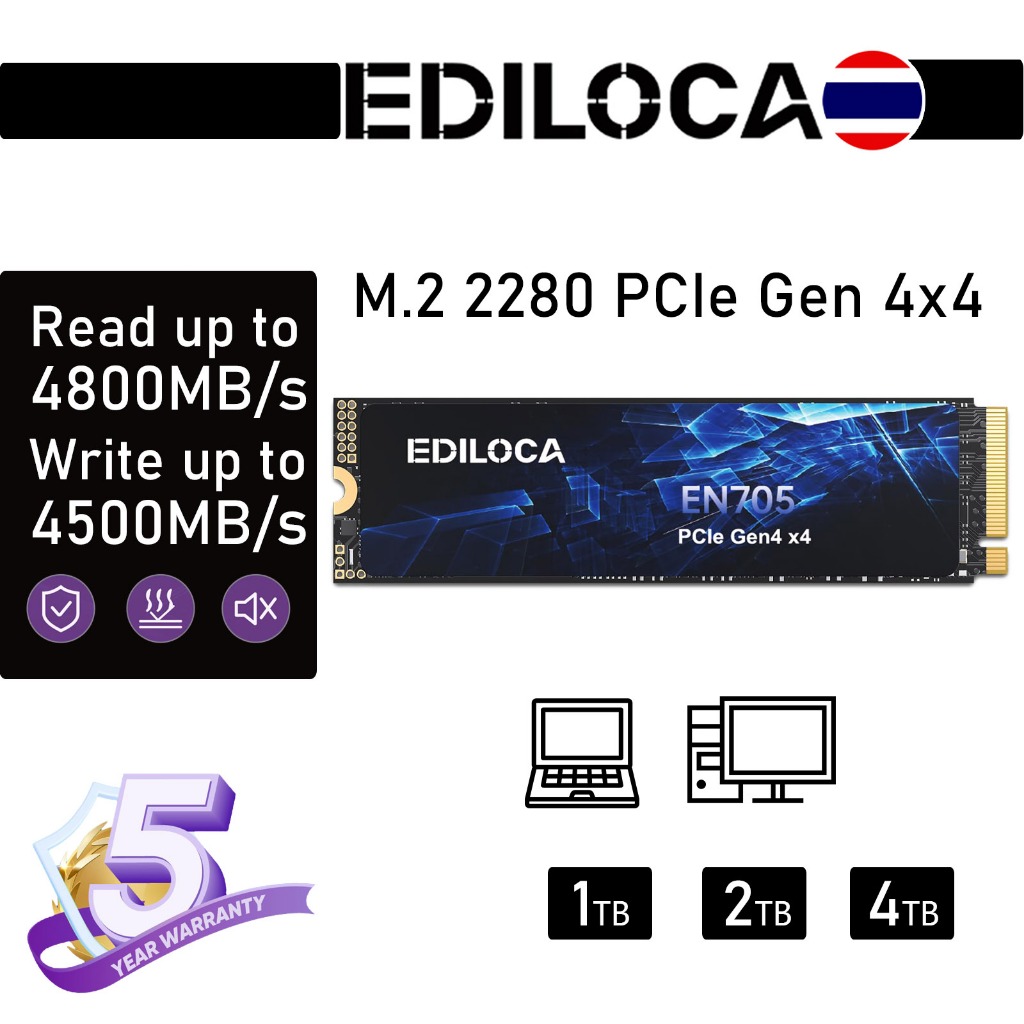 Ediloca EN705 NVMe PCIe Gen4x4 M.2 2280 SSD Read 5000MB/s Write 4500MB/s สำหรับ Laptop/PC/PS5 1TB 2TB 4TB
