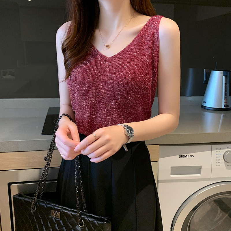 เสื้อสายเดี่ยว คอวี แขนกุด ผ้าถัก แบบบาง สําหรับผู้หญิง