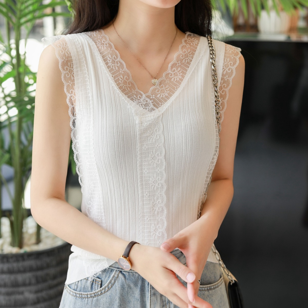 เสื้อสายเดี่ยว ผ้าถัก แขนกุด แต่งลูกไม้ สําหรับผู้หญิง