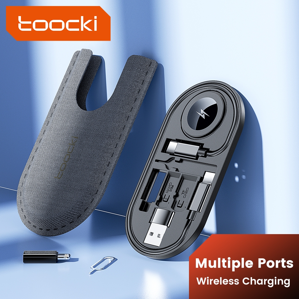 Toocki 6 In 1 USB C เป็น USB C Micro lOS สายชาร์จข้อมูล แบบชาร์จเร็ว ที่ชาร์จไร้สาย พร้อมกล่องเก็บการ์ดดึง อเนกประสงค์