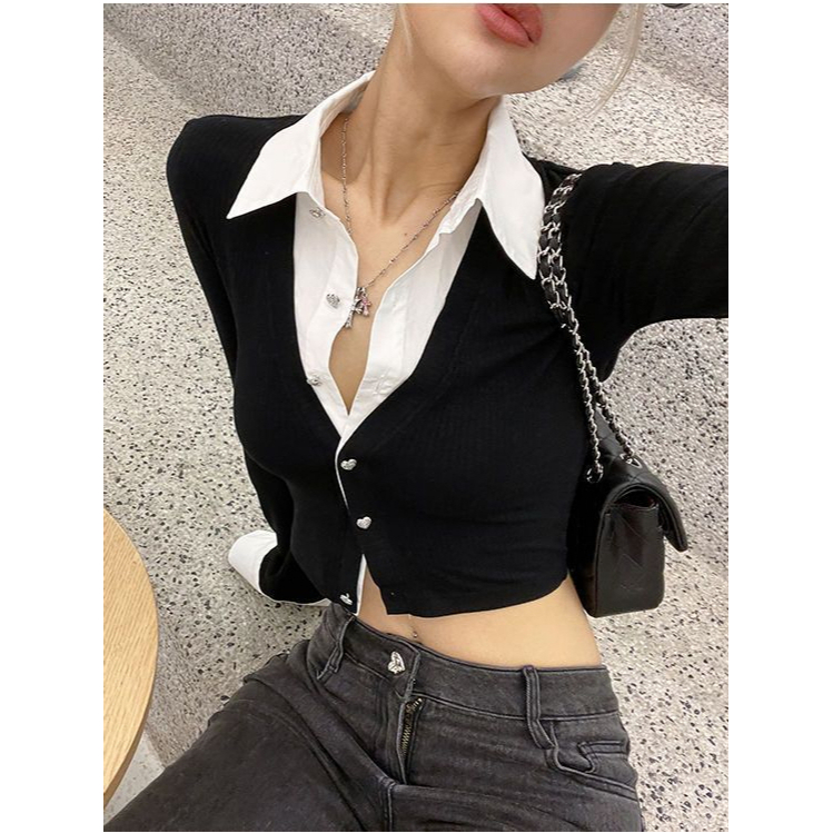 Xiaozhainv เสื้อเชิ้ตแขนยาว เอวลอย เข้ารูป สีตัดกัน แฟชั่นสไตล์เกาหลี วินเทจ อเมริกัน