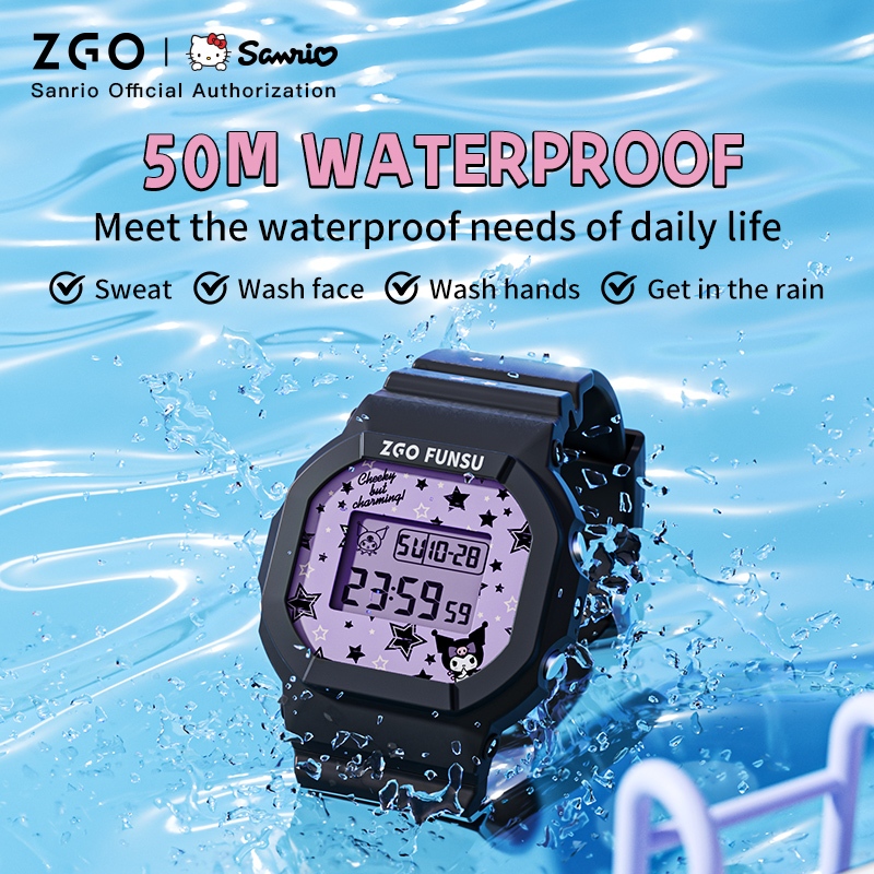 ZGO x Sanrio Kuromi นาฬิกาเด็ก แนวสปอร์ต อเนกประสงค์ มีไฟ LED กันน้ำ 100% นาฬิกานักเรียน 8611