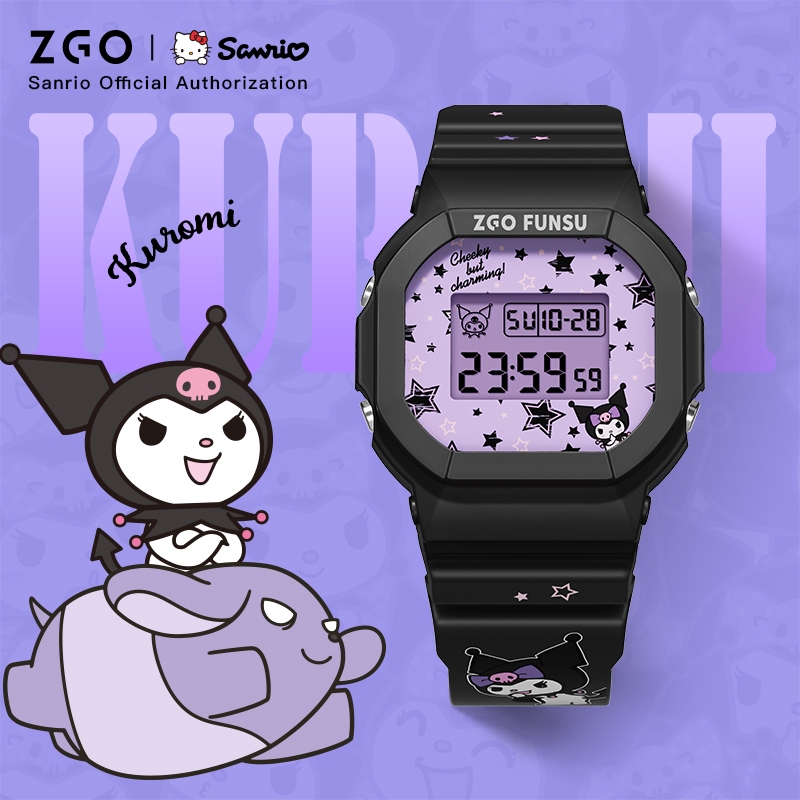 ZGO x Sanrio Kuromi นาฬิกาเด็ก แนวสปอร์ต อเนกประสงค์ มีไฟ LED กันน้ำ 100% นาฬิกานักเรียน 8611