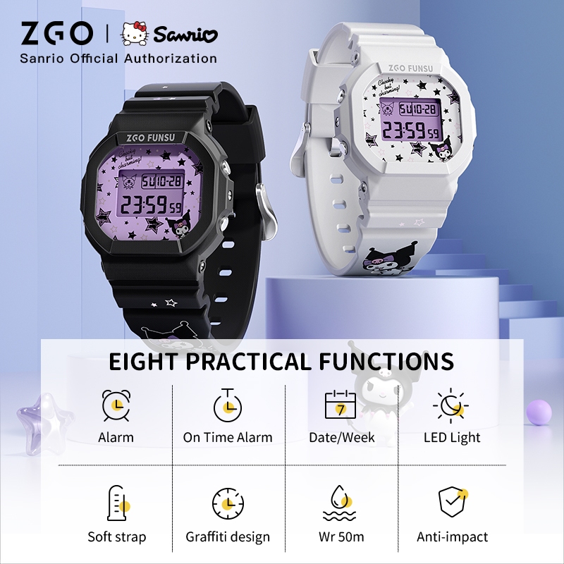 ZGO x Sanrio Kuromi นาฬิกาเด็ก แนวสปอร์ต อเนกประสงค์ มีไฟ LED กันน้ำ 100% นาฬิกานักเรียน 8611