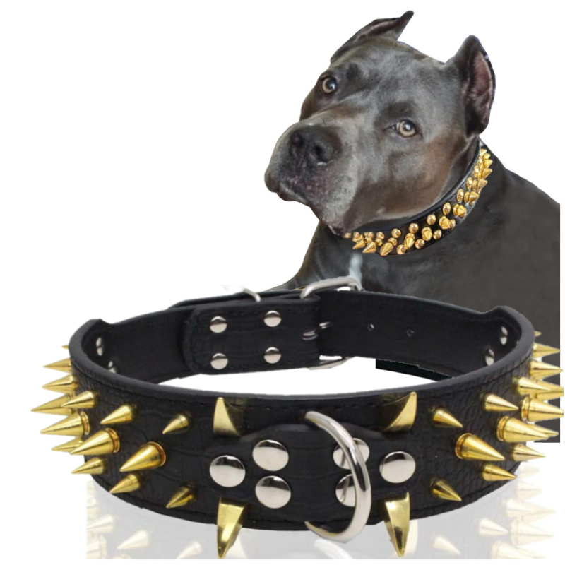 Cool Golden Sharp Spikes Studded ปลอกคอสุนัขสัตว ์ เลี ้ ยงแฟชั ่ นหนังปลอกคอสุนัขสําหรับสุนัขขนาดกลางและขนาดใหญ ่