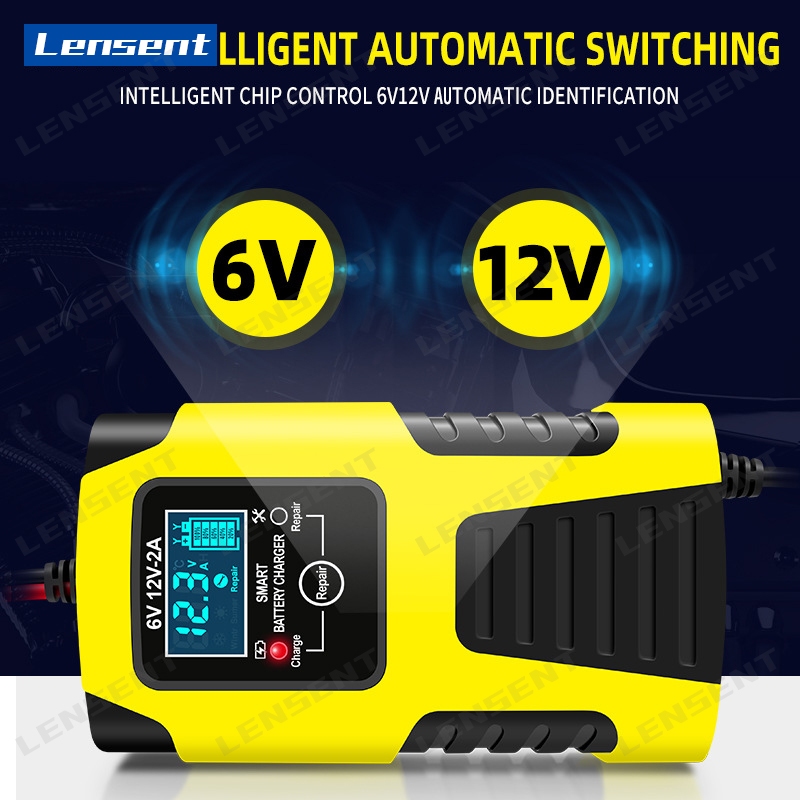 Lensent ที่ชาร์จแบตเตอรี่รถยนต์ 6V 12V 2A กรดตะกั่วอัจฉริยะ Pengecas Bateri Kereta Motorsikal Restore รถจักรยานยนต์ ซ่อม ชาร์จ สากล
