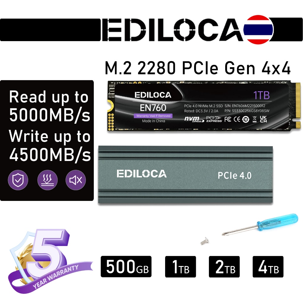 Ediloca EN760 NVMe PCIe Gen 4x4 M.2 2280 SSD Read 5000MB/s Write 4500MB/s สำหรับ Laptop และ PC 1TB 2TB 4TB