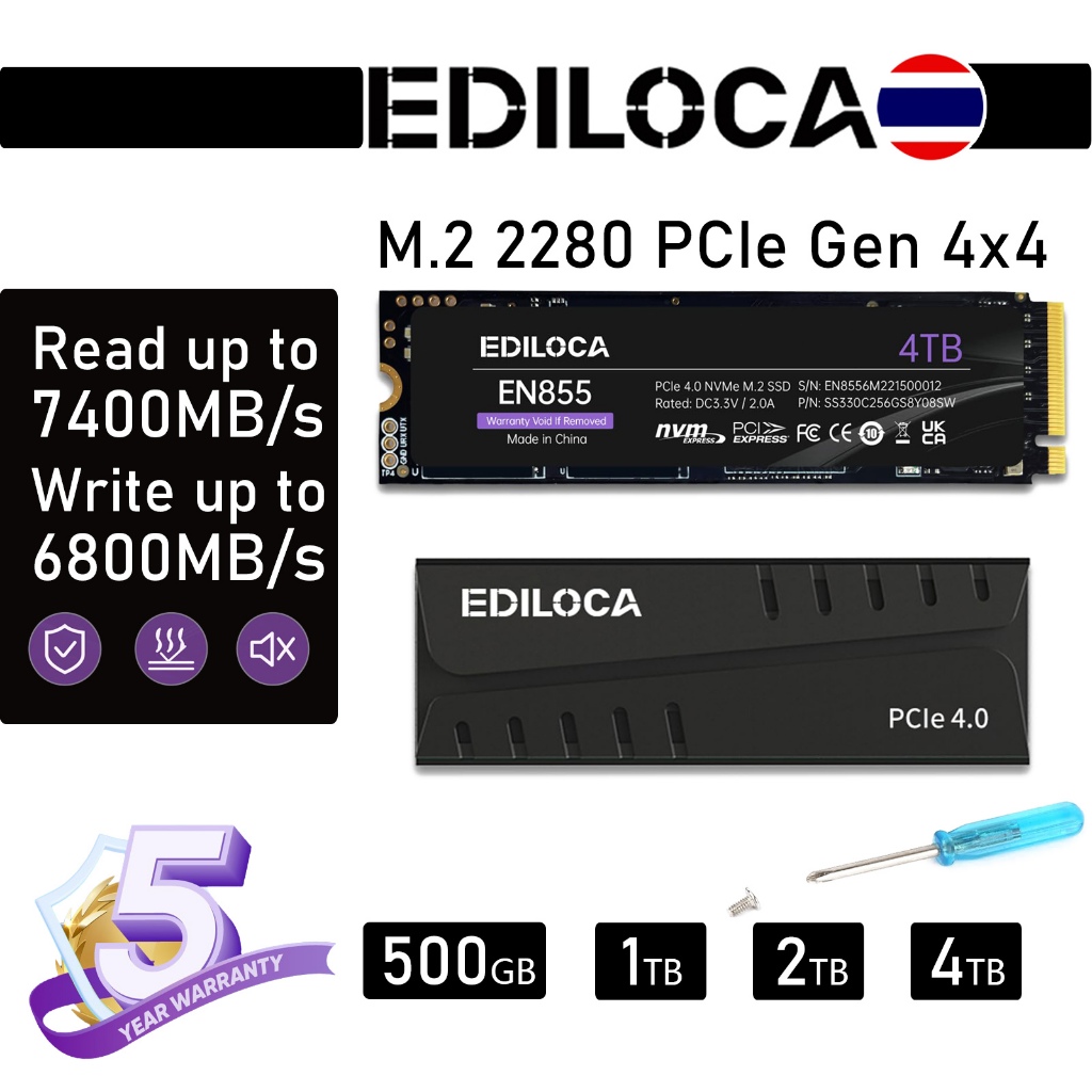 Ediloca EN855 NVMe PCIe Gen4x4 M.2 2280 SSD Configure DRAM Cache Read 7400MB/s Write 6800MB/s สำหรับ