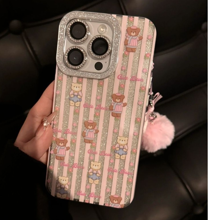 เคสโทรศัพท์มือถือ กันกระแทก ลายหมี แต่งกลิตเตอร์ สไตล์เกาหลี ญี่ปุ่น อุปกรณ์เสริม สําหรับ 15 13 14promax
