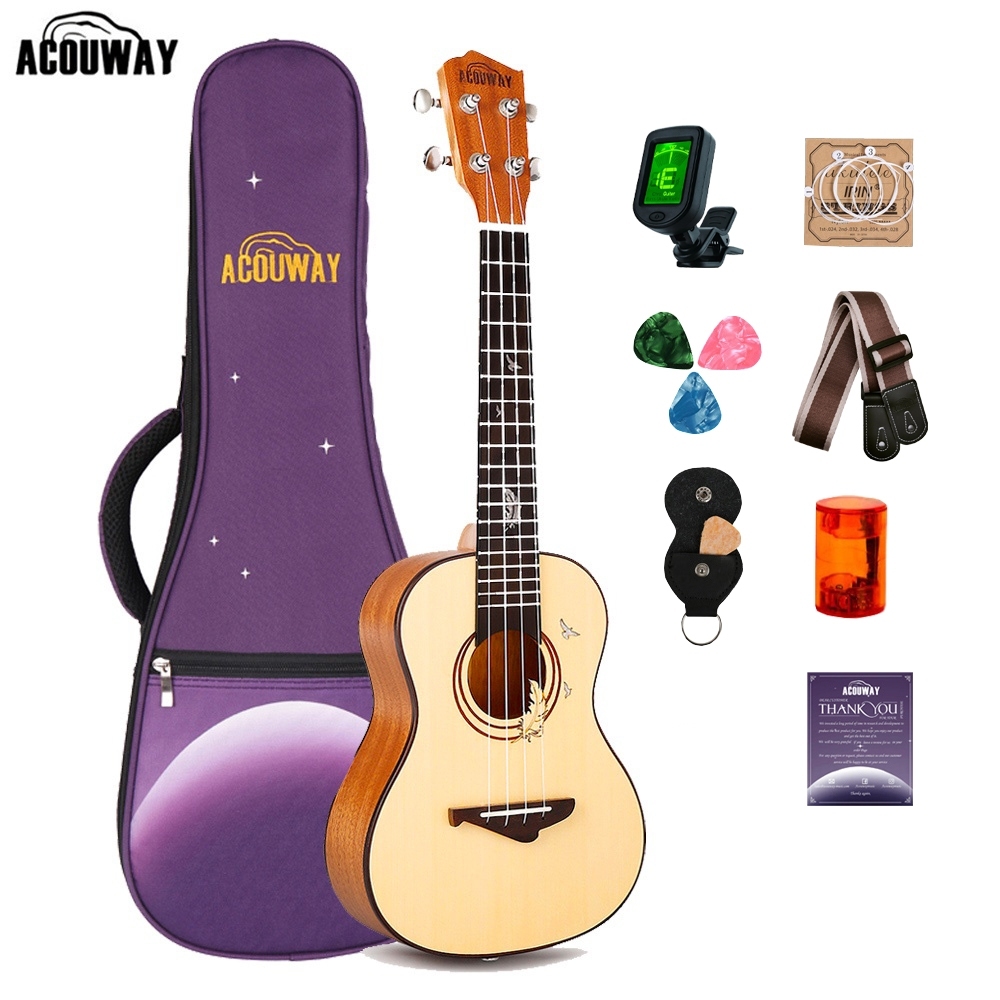Acouway Concert Ukulele Solid Spruce Top 24 นิ้ว Ukelele ชุดสําหรับผู้ใหญ่ฟรี 12 มม.Gig สายคล้องกระเป๋า