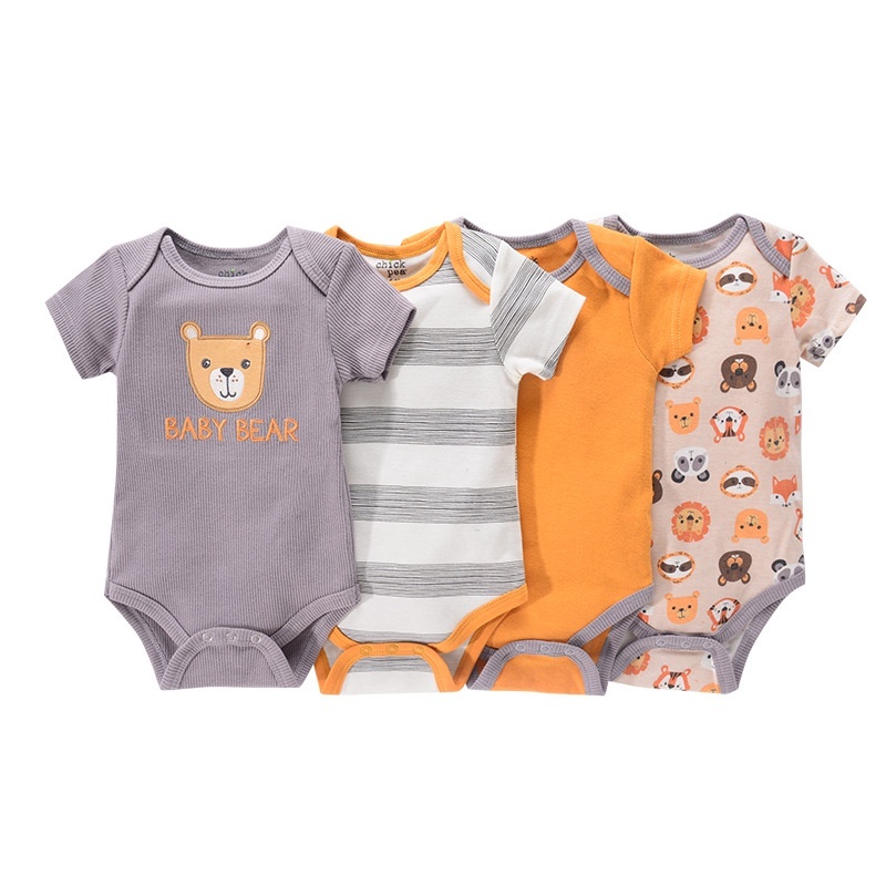 Kiddiezoom 4Pcs บอดี้สูทมือแรกเกิดแขนสั้นจั๊มสูทการ์ตูนพิมพ์เสื้อผ้าเด็กวัยหัดเดินผ้าฝ้ายเสื้อผ้า