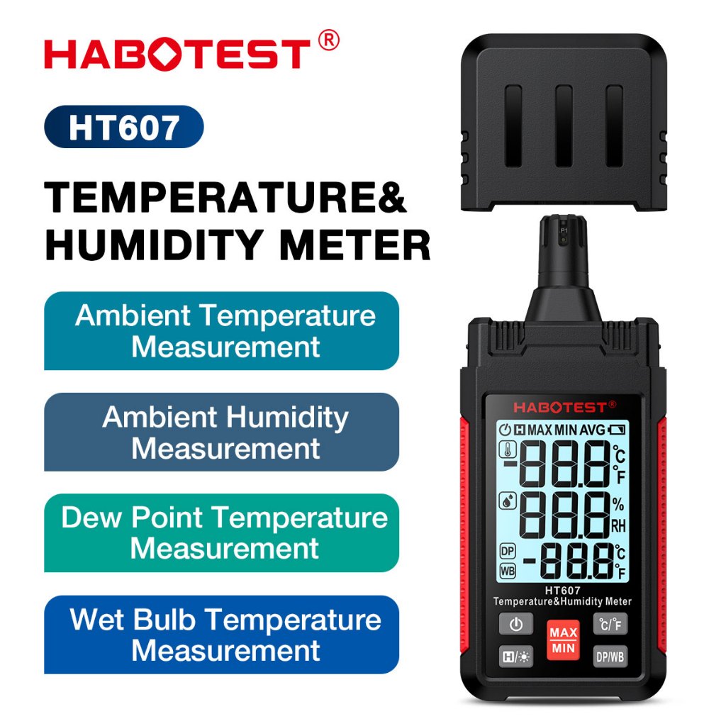 HABOTEST HT607 เครื่องวัดอุณหภูมิความชื้นดิจิทัล หลอดไฟ ไฮโกรมิเตอร์ เทอร์โมมิเตอร์ เทอร์โมไฮโกรมิเตอร์ ความชื้นเปียก ไขลาน จุดน้ําค้าง