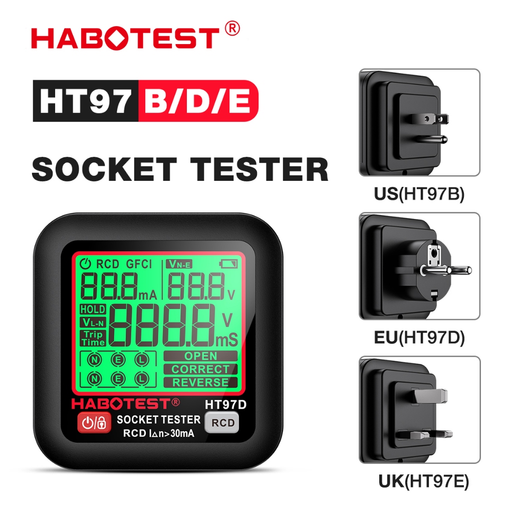 Habotest HT97 GFCI เครื่องทดสอบซ็อกเก็ตไฟฟ้าอัจฉริยะ พร้อมจอแสดงผลแรงดันไฟฟ้า 30V-260V