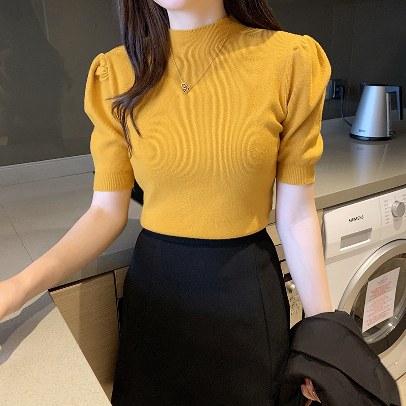 เสื้อกันหนาว แขนสั้น คอเต่า แขนพัฟ สไตล์ใหม่ สําหรับผู้หญิง