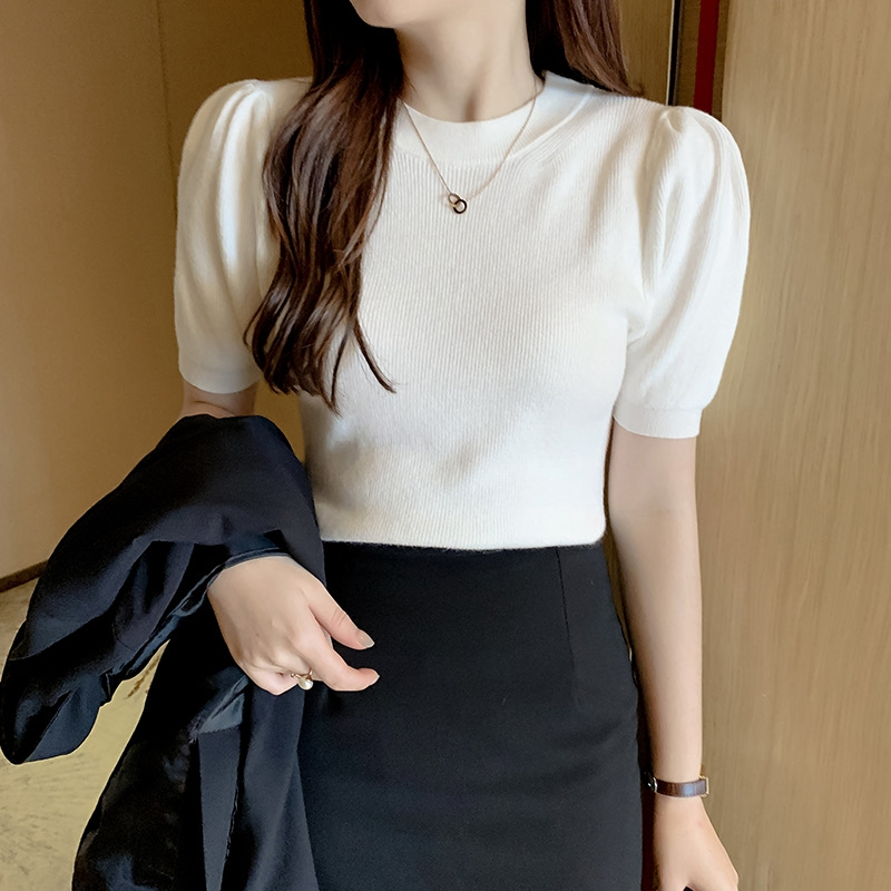 เสื้อยืดกันหนาว คอกลม แขนสั้น ผ้าถัก สไตล์ใหม่ สําหรับผู้หญิง