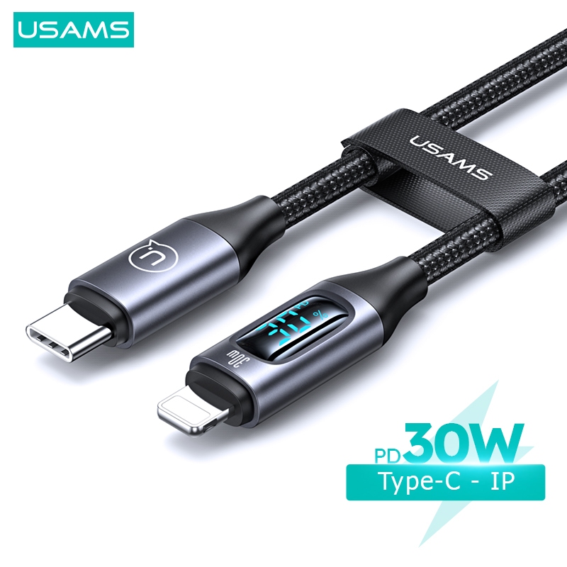 Usams สายชาร์จแบตเตอรี่ดิจิทัล 30W USB C Type C IP PD ชาร์จเร็ว สําหรับ 1Phone 14 13 12 11 Pro Max iPd