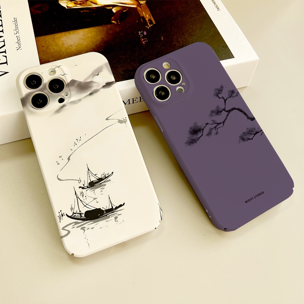 Ink Landscape ภาพวาด Waterside เรือฟิล์ม Shell Precision Hole เคสโทรศัพท์เหมาะสําหรับ Full Range iPh
