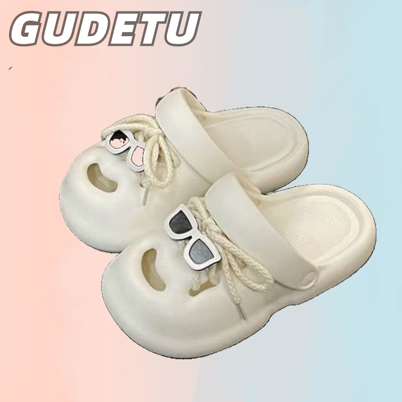 GUDETU.SANDALS.รองเท้าแตะ พื้นนิ่ม แบบหนา อเนกประสงค์ แต่งรูกลวง สีแดง สําหรับผู้หญิง