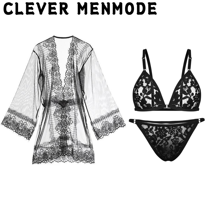 เสื้อคลุมอาบน้ําสั้น ผ้าตาข่าย ลูกไม้ เซ็กซี่ เอวลอย ซีทรู ชุดนอน + กางเกงชั้นใน คอวี กลวง สามชิ้น สําหรับผู้ชาย
