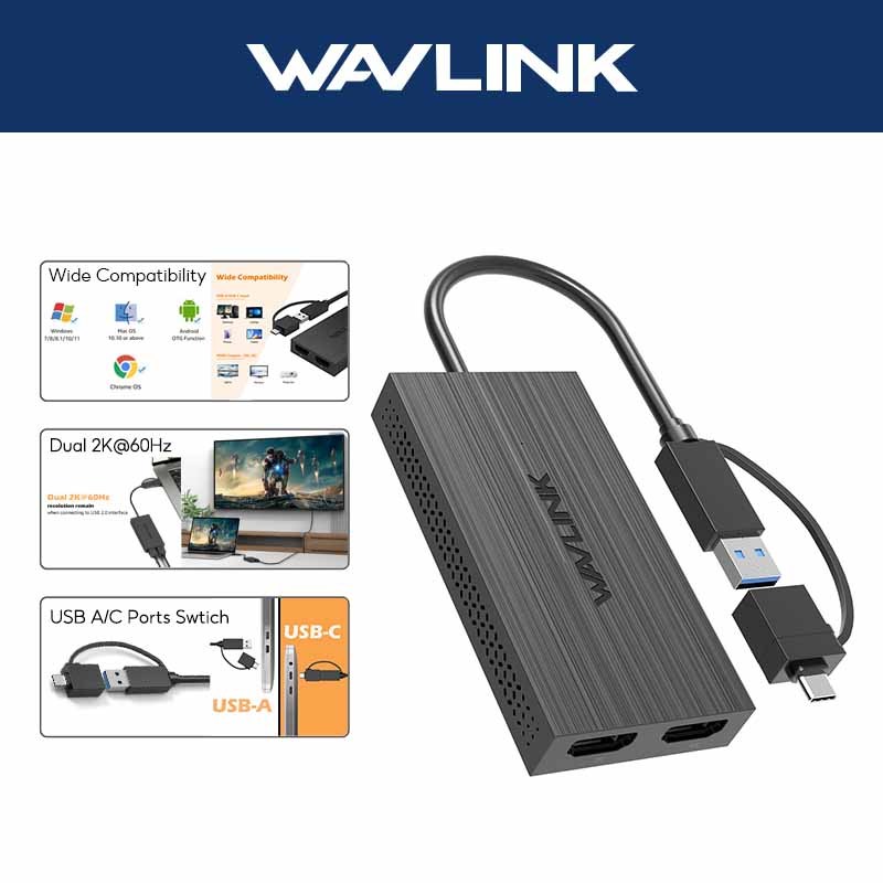 Wavlink อะแดปเตอร์แยก HDMI USB 3.0 เป็น HDMI หน้าจอคู่ USB A หรือ USB C เป็น HDMI สําหรับมอนิเตอร์คู่ Thunderbolt 3/4 เข้ากันได้กับแล็ปท็อป Dual 1080P@60Hz