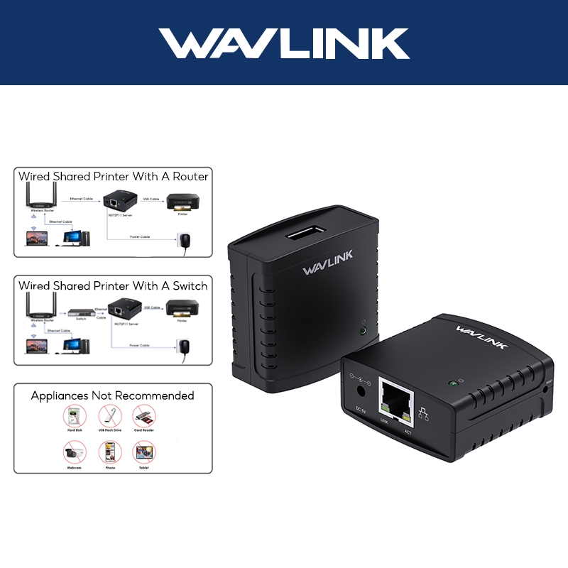 Wavlink Print Server ปริ้นเซิร์ฟเวอร์ อะแดปเตอร์เซิร์ฟเวอร์ไร้สาย USB2.0 Wifi พร้อมตัวแบ่งปัน LAN สําหรับเครื่องพิมพ์ USB LPR โปรโตคอล 10 100Mbps Windows MacOS 10.7 ขึ้นไป