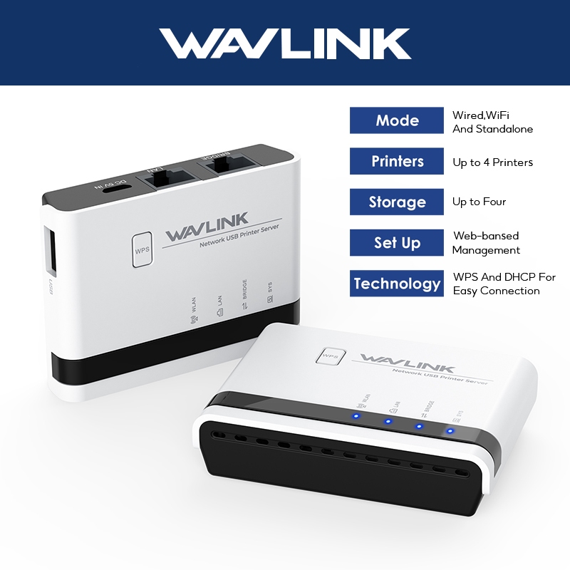 Wavlink เซิร์ฟเวอร์พิมพ์ไร้สาย USB WiFi พร้อมสะพาน LAN 10 100Mbps 480Mbps USB2.0 รองรับโหมดไร้สาย สแตนด์อโลน
