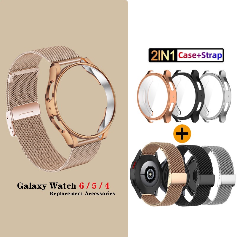 2in1 กรณี + สายรัดสแตนเลส Soft TPU สําหรับ Samsung Galaxy Watch 7 6 5 4 40 มม.44 มม./5 Pro / Watch6 คลาสสิก 43 มม.47 มม.