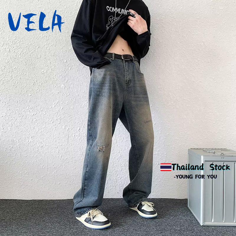 Vela กางเกงยีนส์ผู้ชาย baggyjeans ทรงตรง สีน้ำเงิน ขนาดใหญ่ เข้ากับทุกการแต่งกาย แฟชั่น วินเทจ สไตล์อเมริกัน สตรีทสไตล์ไฮสตรีท