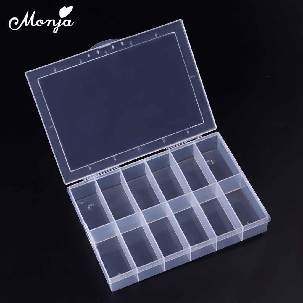 Monja กล่องพลาสติกใส ทรงสี่เหลี่ยมผืนผ้า 12 ช่อง สําหรับใส่เครื่องประดับ ตกแต่งเล็บปลอม