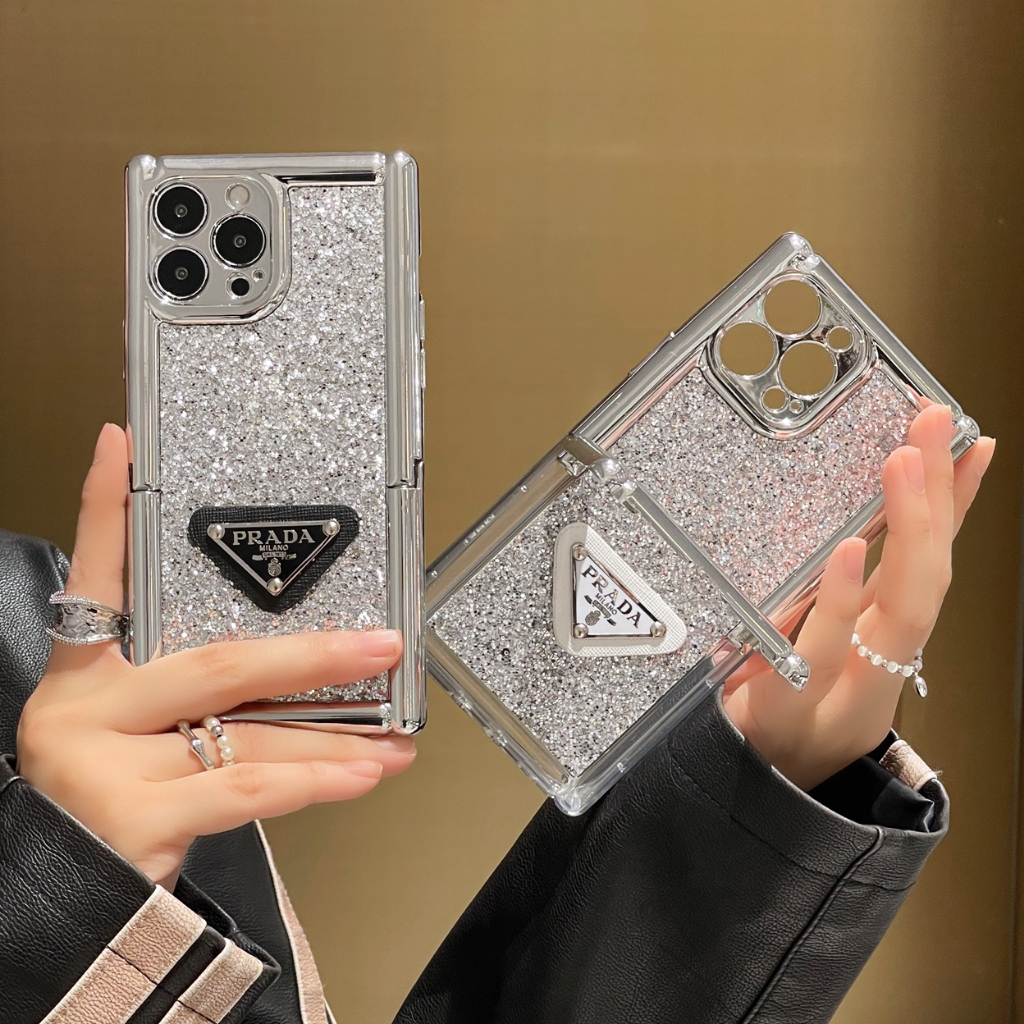 สําหรับ Iphone 15 pro max 14 pro max 13 pro max 12 pro max 11 เคสโทรศัพท์มือถือ ลายกลิตเตอร์ สีเงิน พร้อมขาตั้ง
