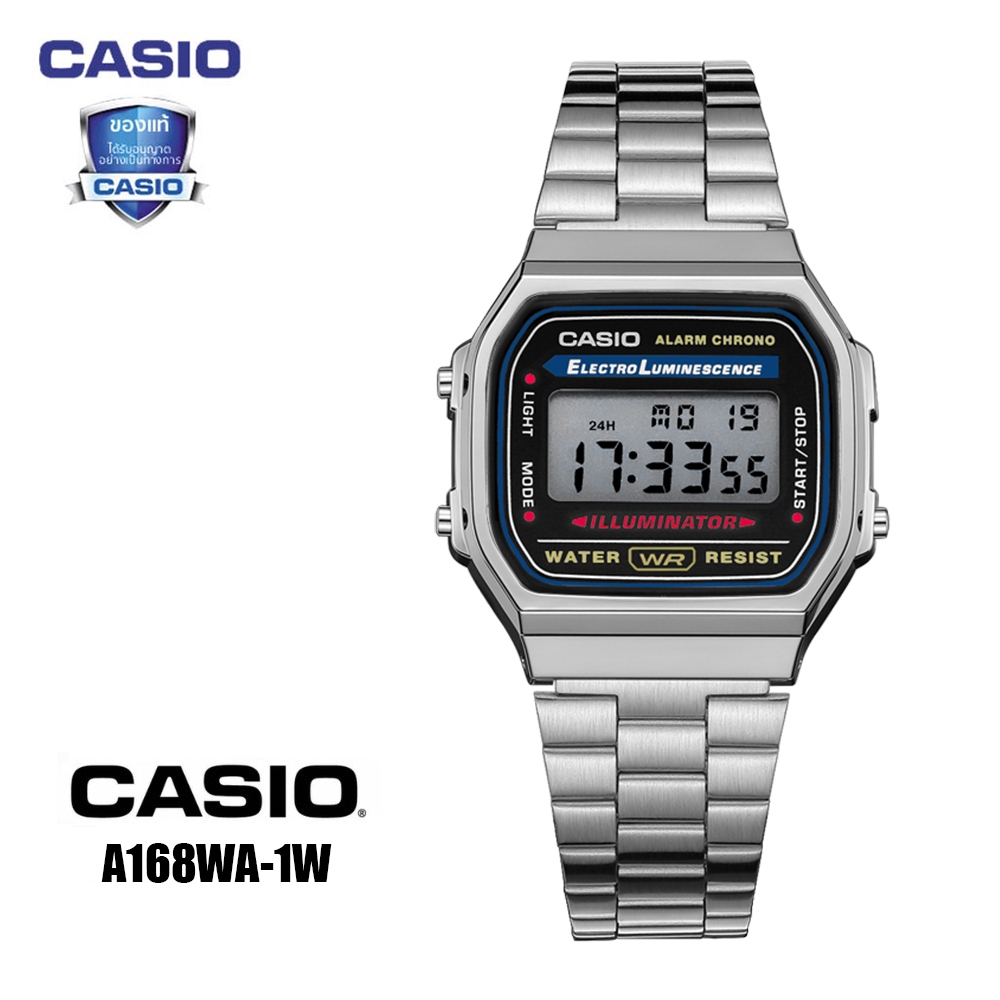 (รับประกัน 1 ปี) Casio นาฬิกาข้อมือสายสแตนเลส ผู้ชาย-หญิง ระบบ Digital ไฟหน้าจอสีฟ้า A168WA-1WDF รับประกันศูนย์ 1 ปี