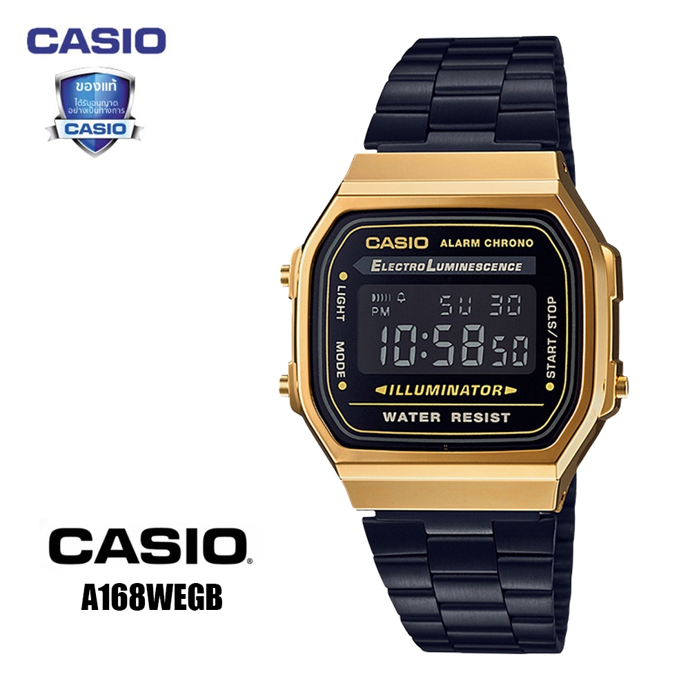 (รับประกัน 1 ปี) Casio นาฬิกาข้อมือผู้ชาย สีเงิน สายสแตนเลส รุ่น A168WEGB - สีดำ/เงิน รับประกันศูนย์ 1 ปี