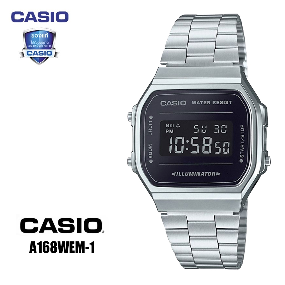 (รับประกัน 1 ปี) Casio นาฬิกาข้อมือผู้ชาย สีเงิน สายสแตนเลส รุ่น A168WEM-1 - สีดำ/เงิน รับประกันศูนย์ 1 ปี
