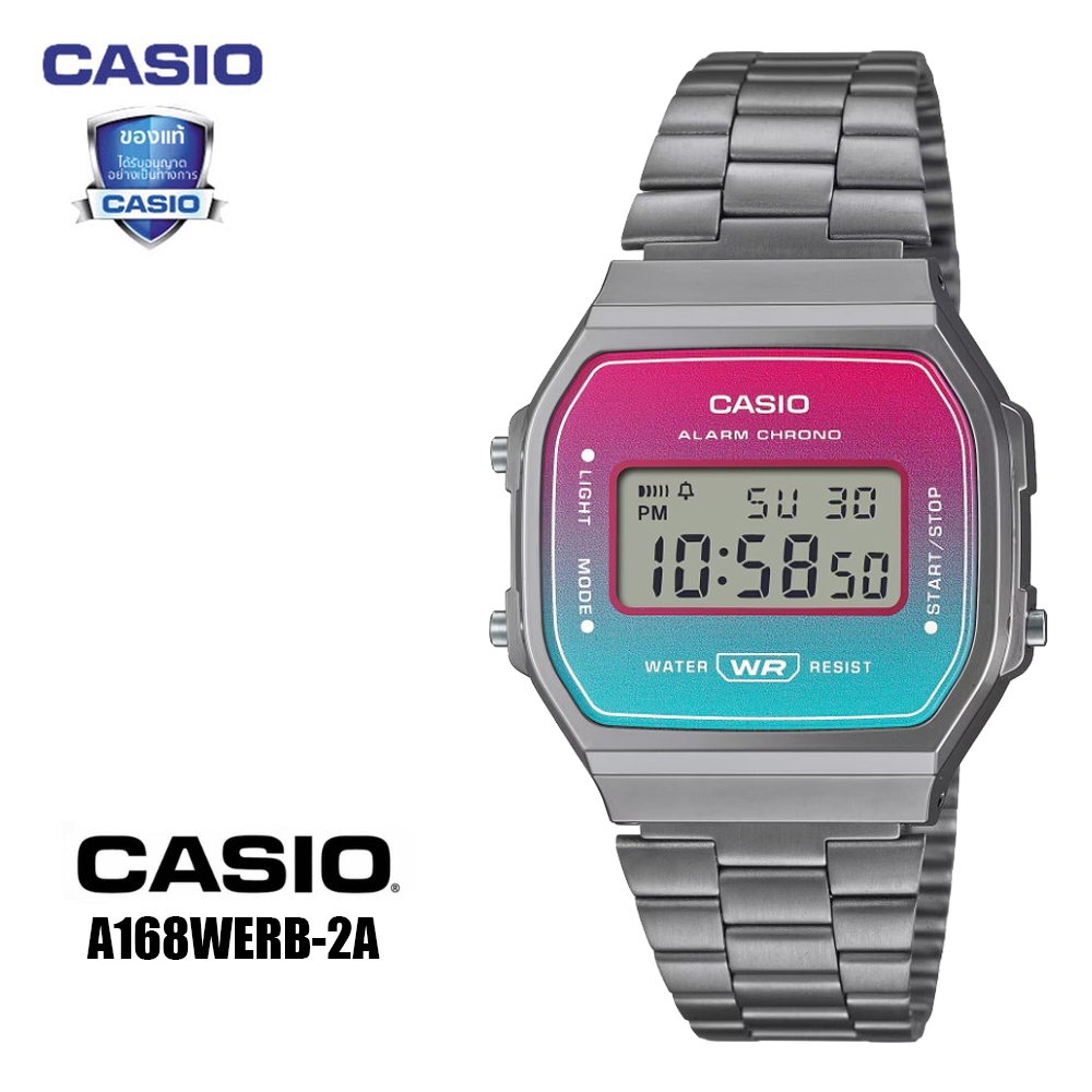 (รับประกัน 1 ปี) Casio นาฬิกาข้อมือผู้ชาย/ผู้หญิง สายสแตนเลส สายสแตนเลส รุ่น A168WERB-2A- สีเงิน รับประกันศูนย์ 1 ปี