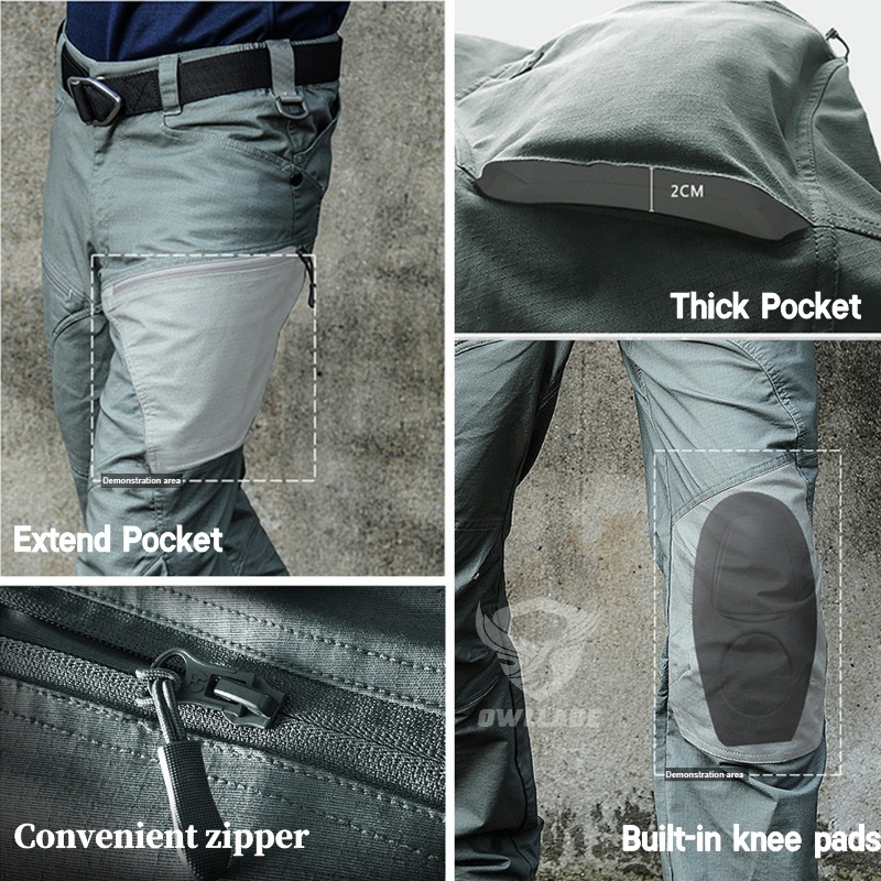 Owllade กางเกงคาร์โก้ยุทธวิธีอาวุโสสําหรับผู้ชาย KBZ01 สีเทากันน้ํา A01 2T