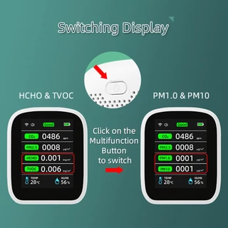 Tuya เครื่องวัดคุณภาพอากาศ Wifi แบบพกพา 8in1 PM1.0 PM2.5 PM10 CO2 TVOC HCHO เครื่องทดสอบอุณหภูมิและความชื้น หน้าจอสี LCD เครื่องตรวจจับคาร์บอนไดออกไซด์ พร้อมเวลาและวันที่ Functio