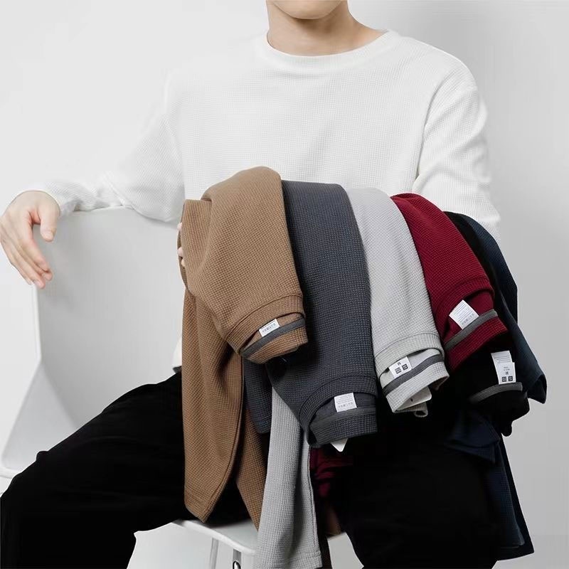BeCoolMan🍃วาฟเฟิล Crewneck แขนยาวสีทึบหลวม Hip-Hop Casual Men's Instagram Style trendy pullover TOP