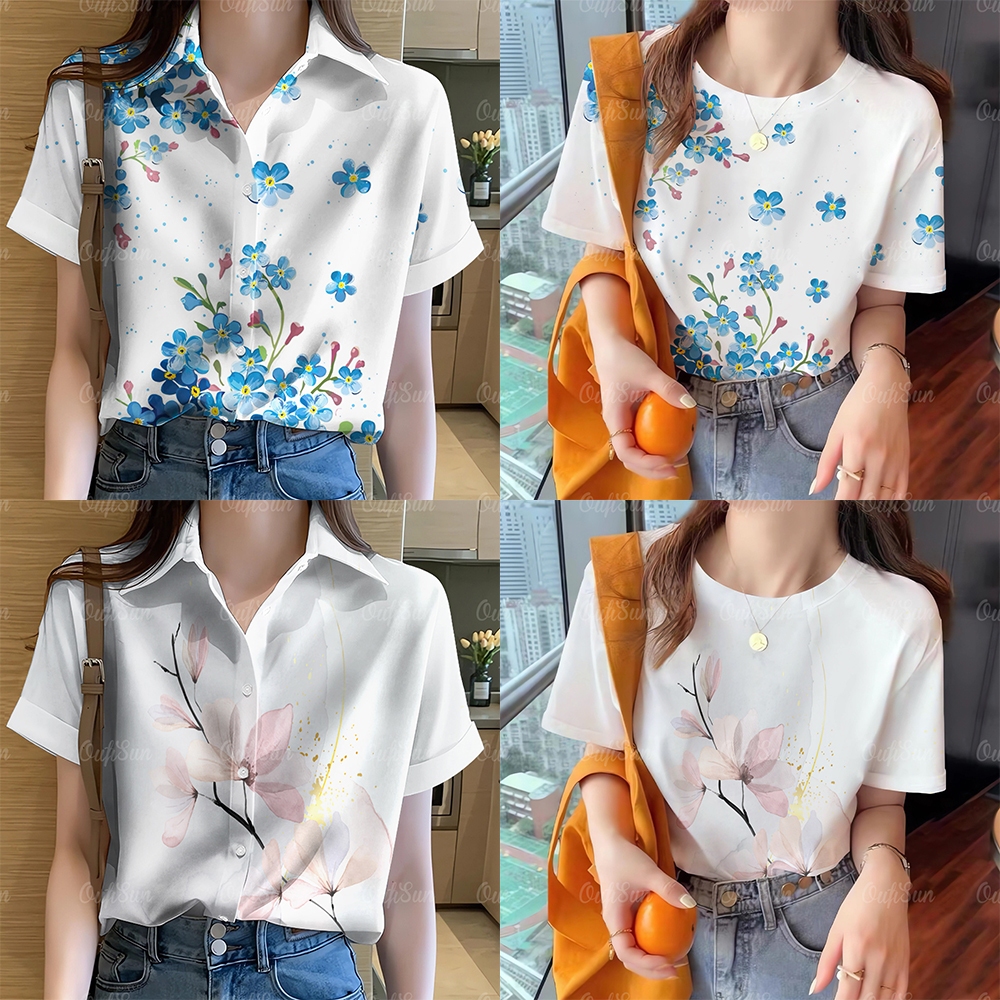 เสื้อสงกรานต์2567เสื้อฮาวายผู้หญิงเสื้อผ้าลำลองสำหรับเทศกาลสตรีผู้หญิงปีใหม่เสื้อเบลาส์แขนสั้นพิมพ์ลายดอกไม้