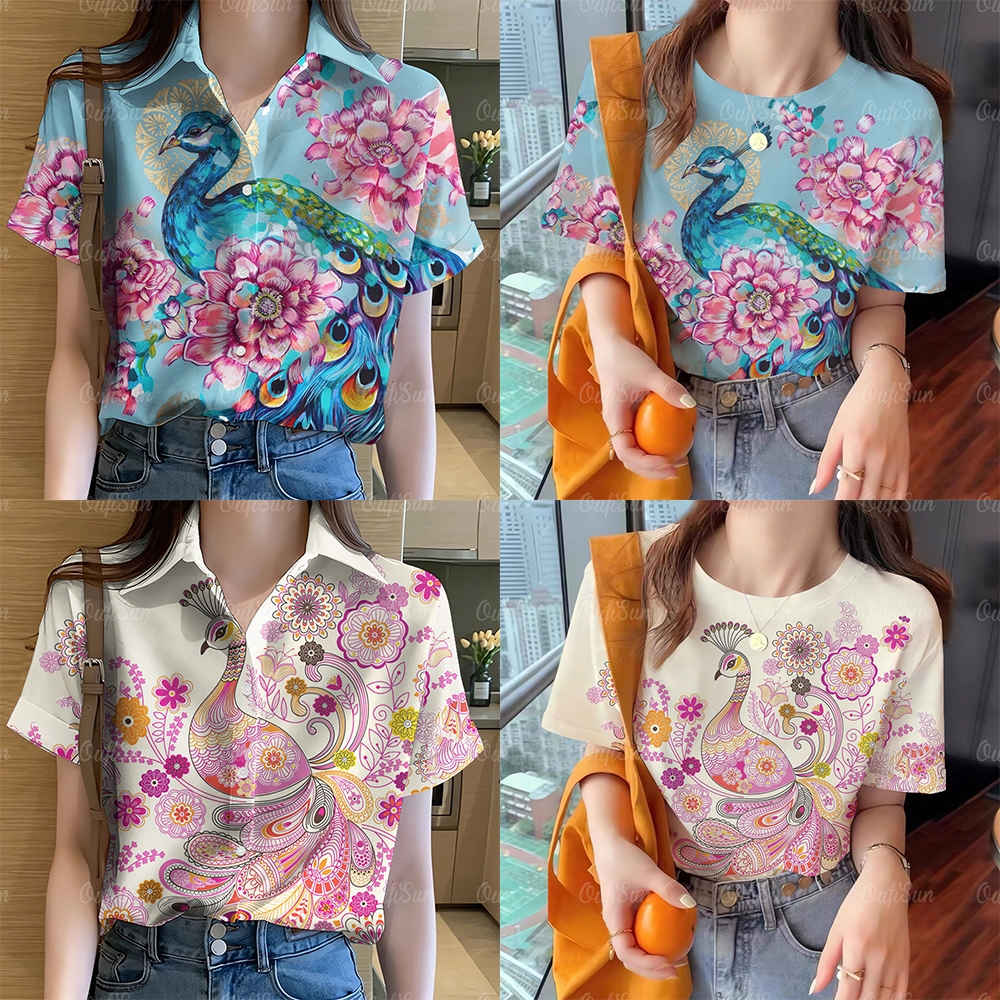 เสื้อสงกรานต์2567เสื้อฮาวายลายนกยูงสงกรานต์ สตรีทแฟชั่นลำลอง เสื้อสตรีแขนสั้นปีใหม่