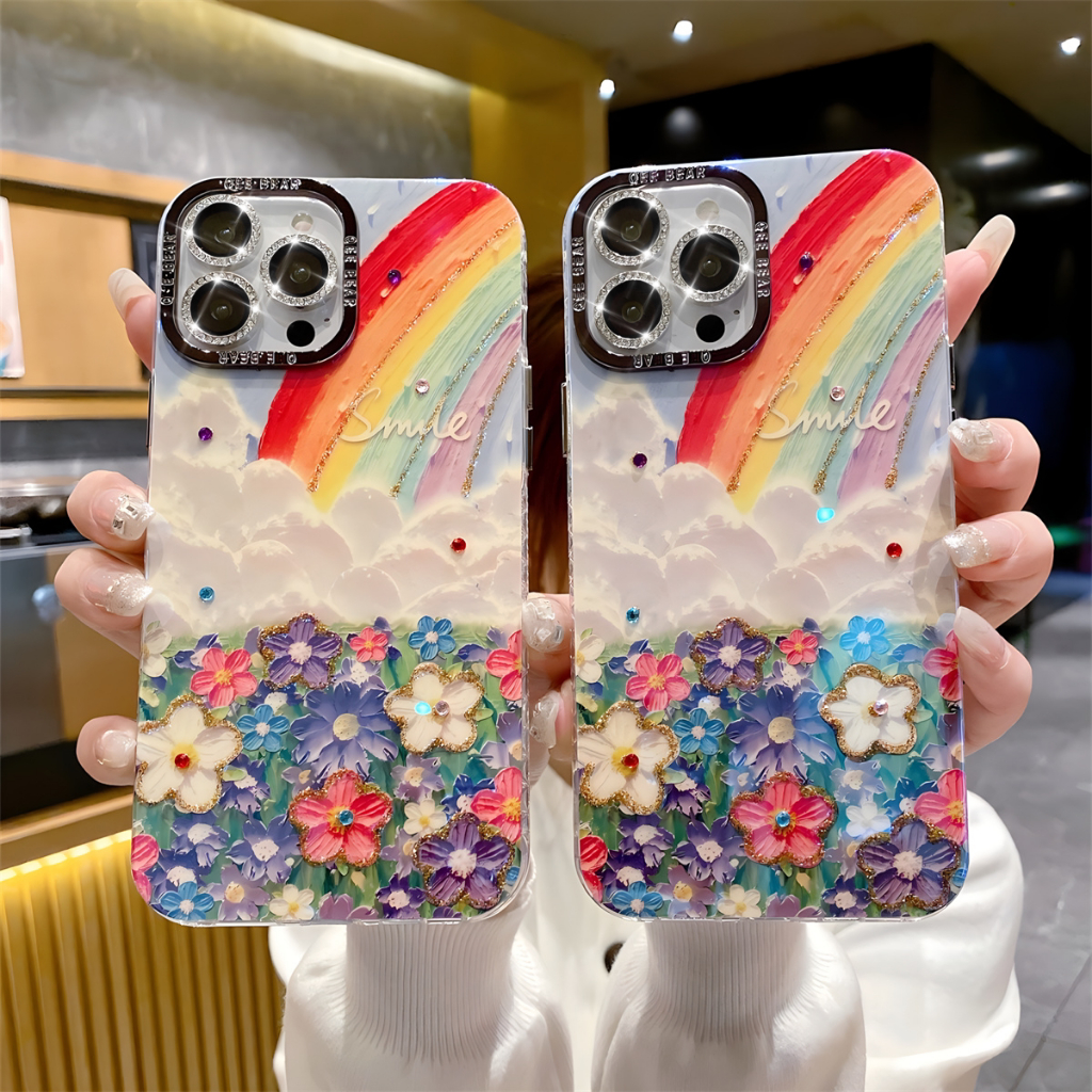 เคสโทรศัพท์มือถือ กันกระแทก กันรอยกล้อง ประดับกลิตเตอร์ ลายดอกไม้ สีรุ้ง หรูหรา สําหรับ iPhone 15 Pro Max 14 13 12 11 Pro Max