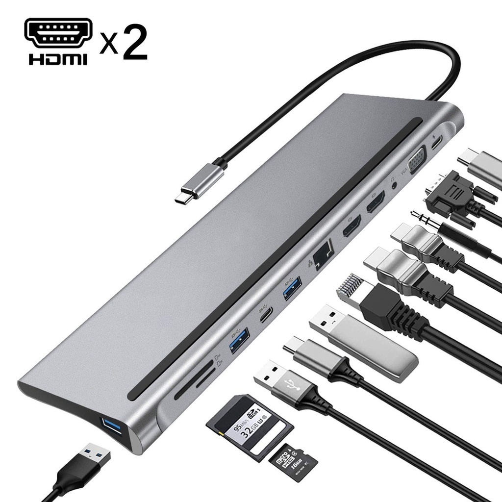 12in1 แท่นชาร์จ Type-C เป็น Dual HDMI*2 VGA Audio 3.5 มม. TF/SD RJ45 Ethernet PD ฮับ USB-C สําหรับแล็ปท็อป โทรศัพท์ แท็บเล็ต