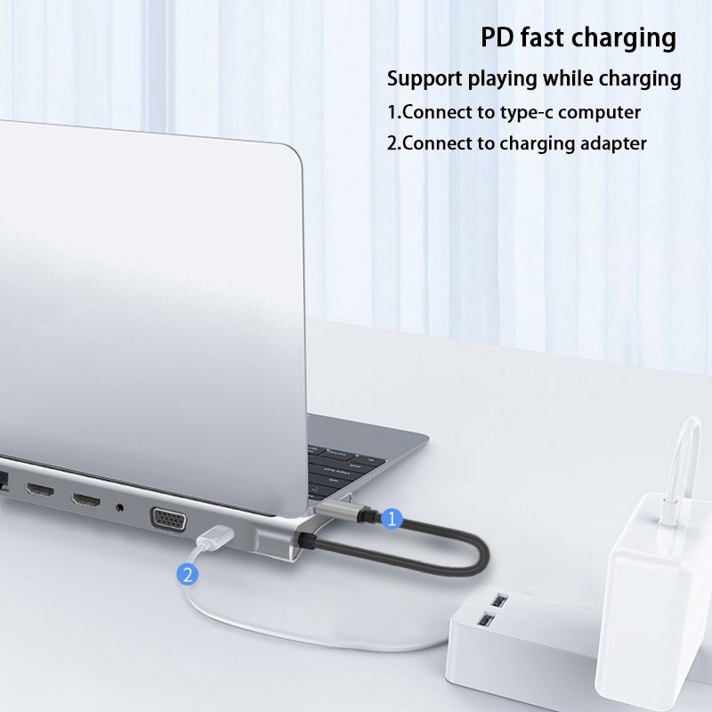 12in1 แท่นชาร์จ Type-C เป็น Dual HDMI*2 VGA Audio 3.5 มม. TF/SD RJ45 Ethernet PD ฮับ USB-C สําหรับแล็ปท็อป โทรศัพท์ แท็บเล็ต