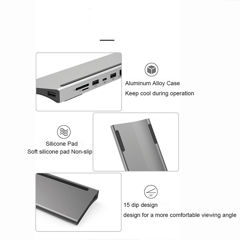 12in1 แท่นชาร์จ Type-C เป็น Dual HDMI*2 VGA Audio 3.5 มม. TF/SD RJ45 Ethernet PD ฮับ USB-C สําหรับแล็ปท็อป โทรศัพท์ แท็บเล็ต