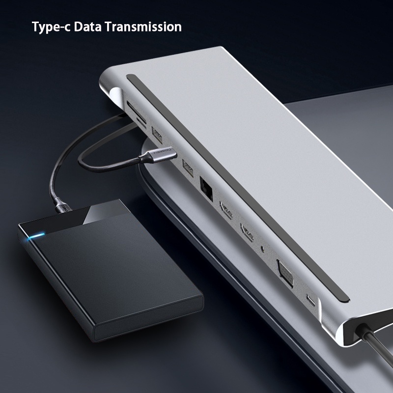 12in1 แท่นชาร์จ Type-C เป็น Dual HDMI*2 VGA Audio 3.5 มม. TF/SD RJ45 Ethernet PD ฮับ USB-C สําหรับแล็ปท็อป โทรศัพท์ แท็บเล็ต