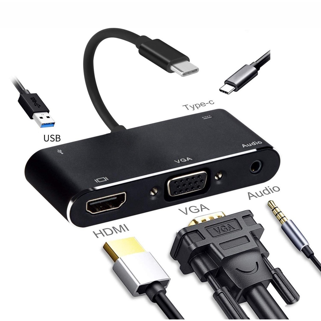 5in1 ฮับ Usb C เป็น HDMI VGA 3.5 มม. เสียง USB3.0 พร้อมที่ชาร์จ Type-C สําหรับแล็ปท็อป สวิตช์โทรศัพท์ กระจก ขยายจอแสดงผล อะแดปเตอร์วิดีโอ USBC