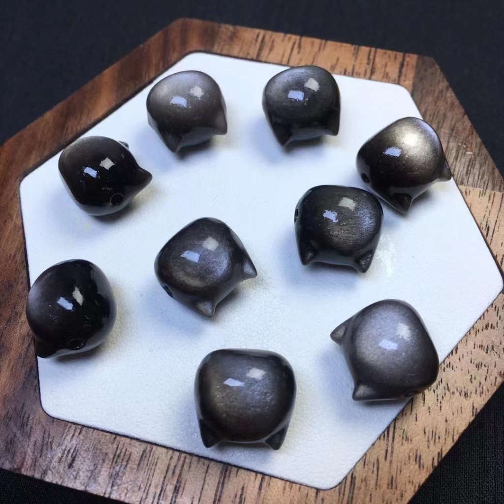 เงินธรรมชาติ Obsidian Double-Sided Faceless Cat เครื่องประดับน่ารัก diy Lucky อุปกรณ์เสริม Simple All-Match ของขวัญ