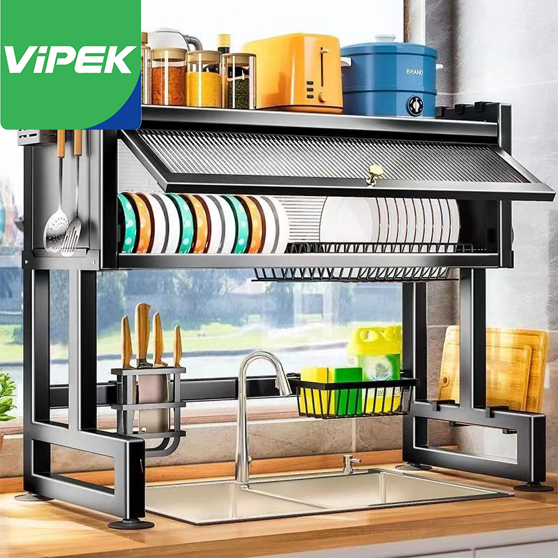 Vipek ชั้นวางจาน ชั้นวางจานสแตนเลส พร้อมประตูกันฝุ่น 65/75/85/95/105ซม คร่อมอ่างล้างจาน ชั้นวางของในครัว bowl rack ชั้นวางของ ชั้นคว่ำจานชาม