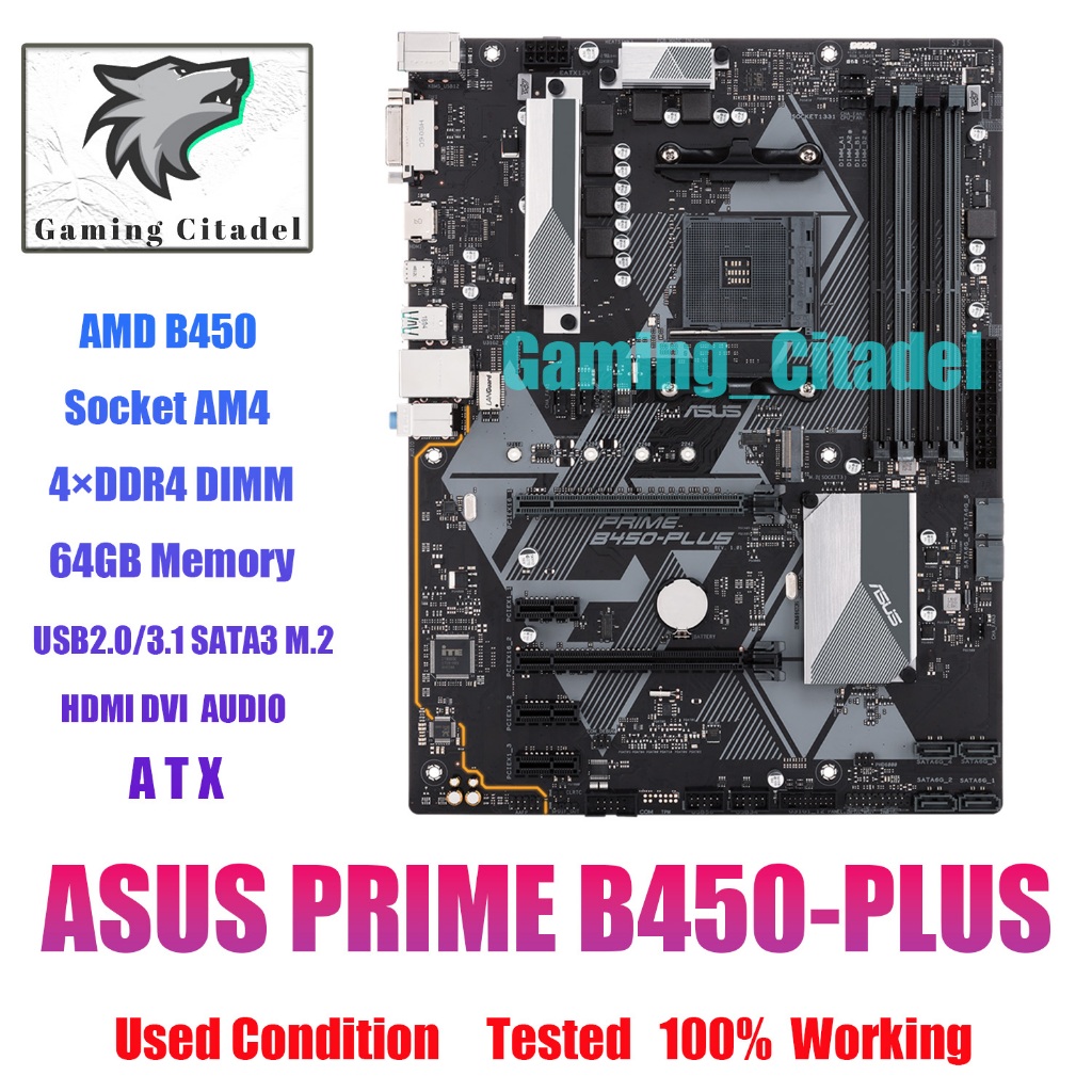 เมนบอร์ดซ็อกเก็ต ทดสอบแล้ว สําหรับ ASUS PRIME B450-PLUS AMD B450 AM4 DDR4 M.2 ATX Ryzen HDMI DVI